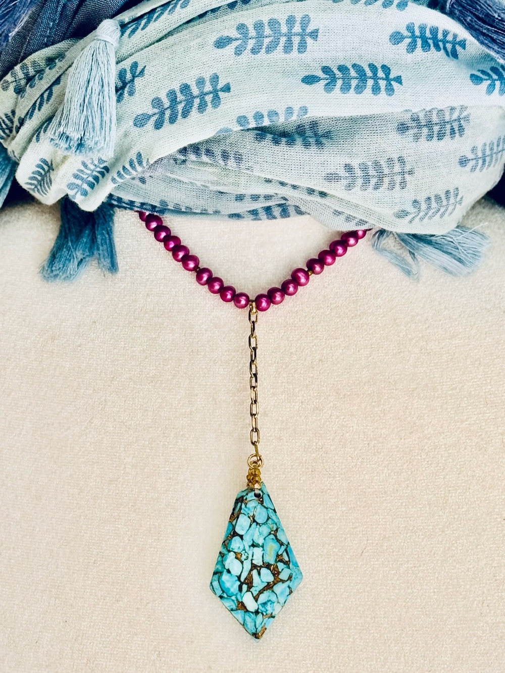 Nakamol Turquoise Diamond Pendant Necklace with Fuchsia Beads & Gold Chain Drop